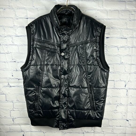 Steve's Jeans Vest  Black Puffer Zip Snap Pockets Mock Neck Hidden Hood Size 2XL - Picture 1 of 10
